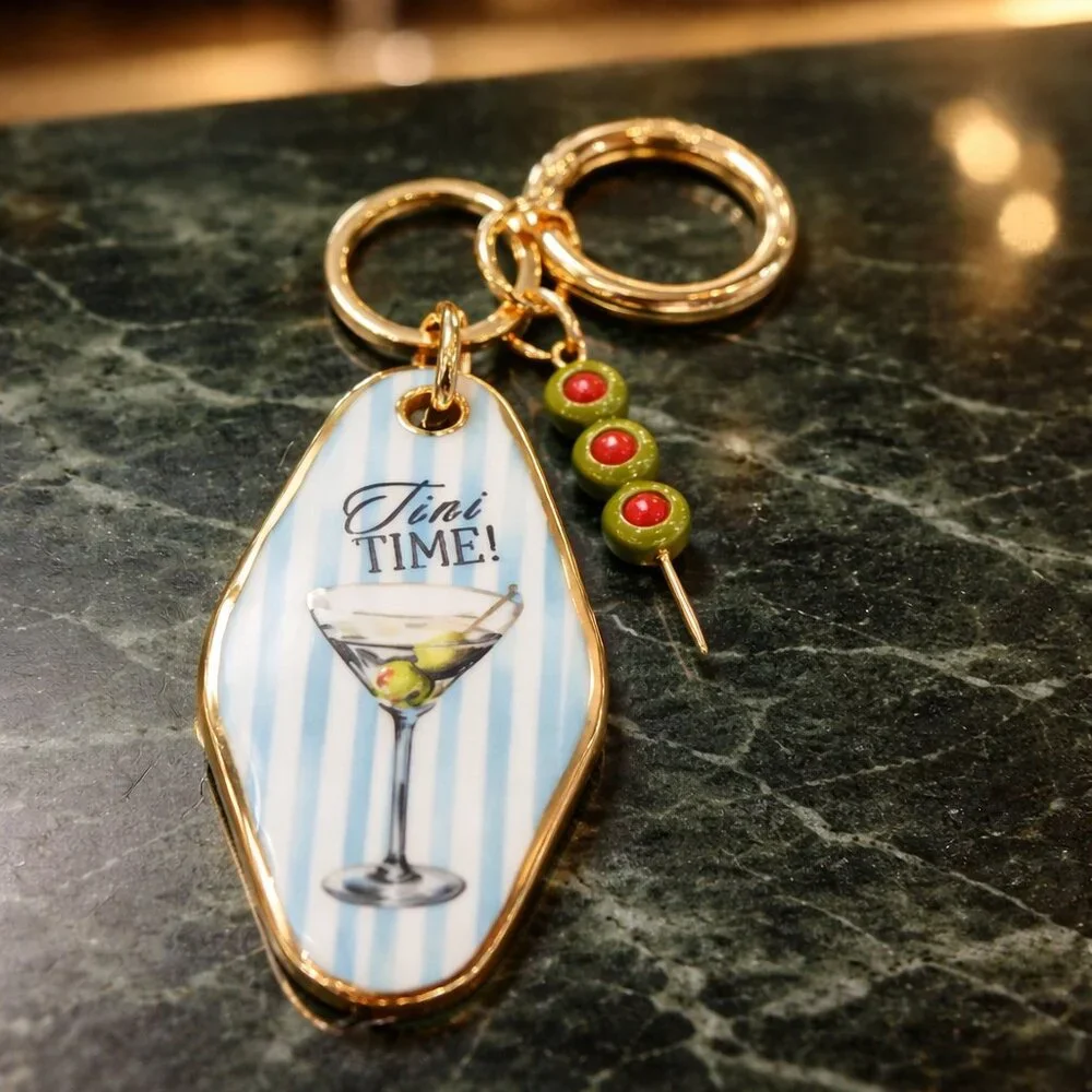 TINI Time Key Chain and Bag Charm - Martini‎ Design with Attached Olives - New